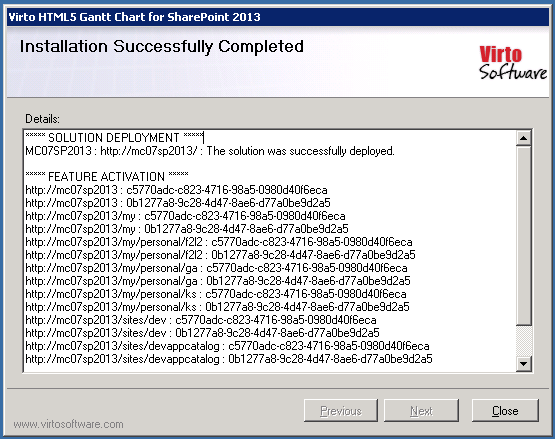Final step of the Virto Gantt Web Part setup wizard with the Close button to finish installation