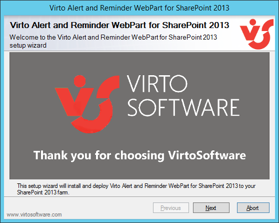 Virto SharePoint Alerts setup wizard welcome window after running Setup.exe