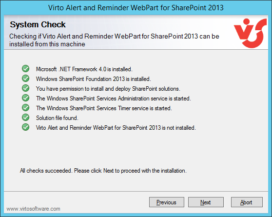 Setup wizard system check screen with all checks passed before installing Virto SharePoint Alerts
