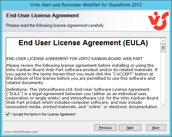 License Agreement step with the I accept the terms checkbox in the Virto SharePoint Alerts setup wizard