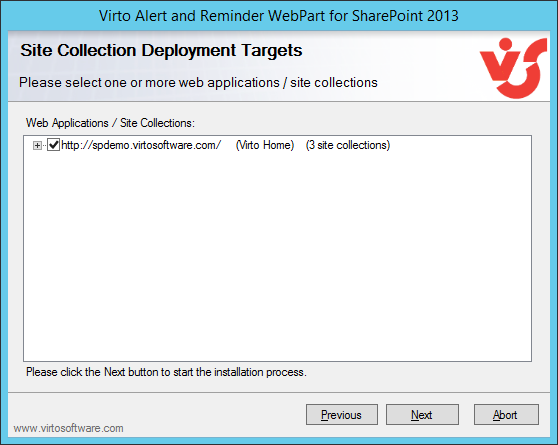 Setup wizard step for selecting the web applications where Virto SharePoint Alerts will be installed