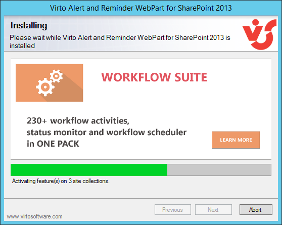 Installation progress step in the Virto SharePoint Alerts setup wizard before clicking Next