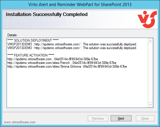 Final setup wizard screen with the Close button to complete the Virto SharePoint Alerts installation
