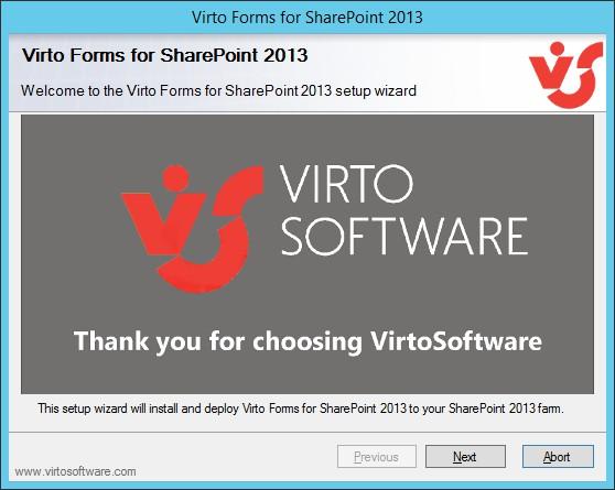 Virto SharePoint Forms Designer setup wizard welcome window from Setup.exe