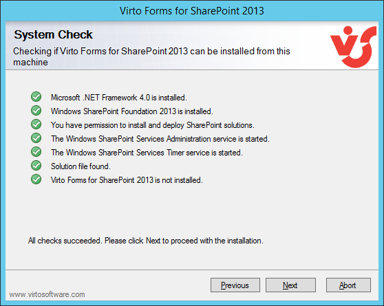 Setup wizard system check results passed before continuing the installation