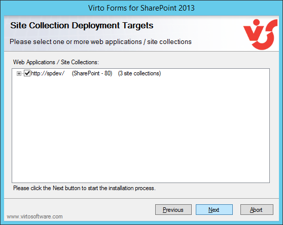 Selecting the SharePoint web applications where the product will be installed