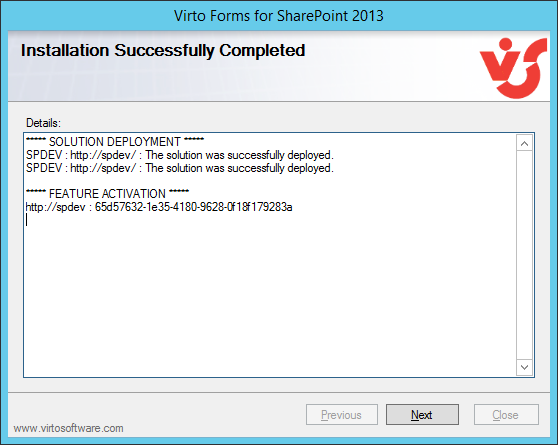 Setup wizard final step confirming a successful installation before clicking Close
