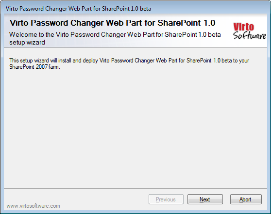 Virto SharePoint Password Change setup wizard welcome window after running Setup.exe
