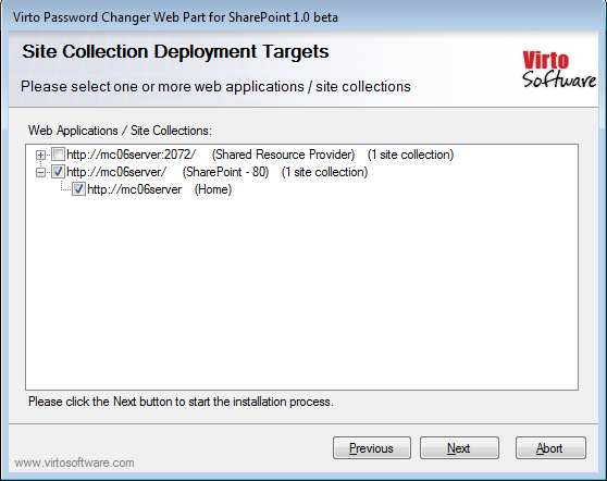 Selecting the SharePoint web applications to install Virto Password Change on in the setup wizard