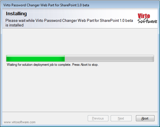 Virto Password Change setup wizard activating the feature on the selected web application