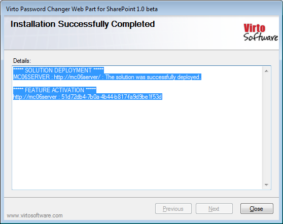 Final setup wizard screen with the Close button to complete the Virto Password Change installation