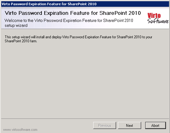 Virto SharePoint Password Expiration setup wizard welcome window after running Setup.exe