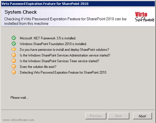 Setup wizard system check completed successfully before installing Virto Password Expiration