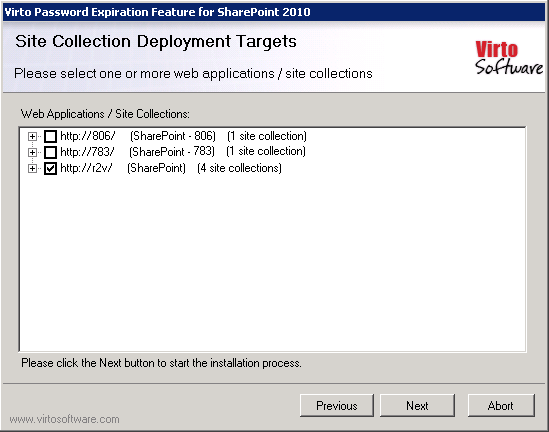 Selecting the SharePoint web applications to install Virto Password Expiration on in the setup wizard