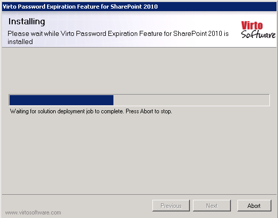 Virto Password Expiration setup wizard activating the feature on the selected web application