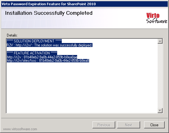 Final setup wizard screen with the Close button to complete the Virto Password Expiration installation