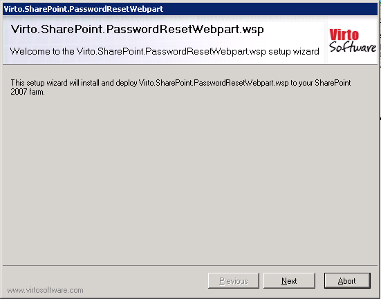 Virto SharePoint Password Reset and Recovery setup wizard welcome window