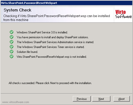 Setup wizard system check completed successfully before installation, with the Next button