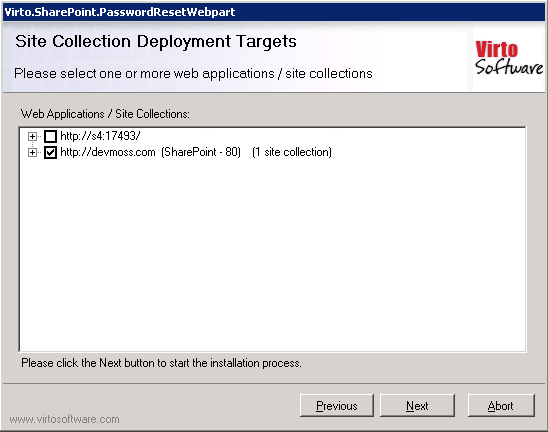 Setup wizard step for selecting the SharePoint web applications where the product is installed