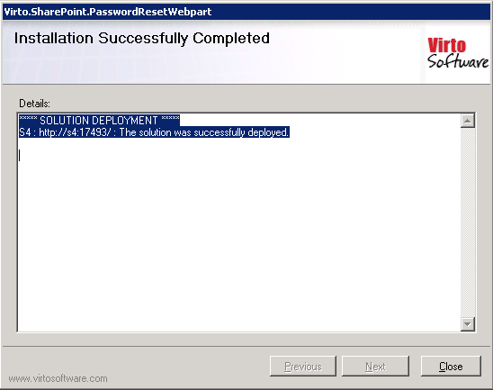 Setup wizard final screen confirming installation is complete, with the Close button
