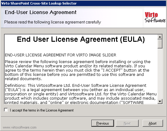 License Agreement step with the I accept the terms checkbox in the setup wizard