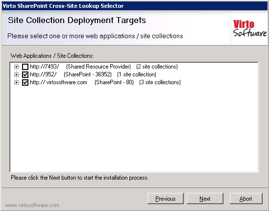 Setup wizard step for selecting the SharePoint web applications to install the product on