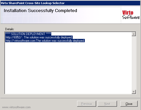 Setup wizard final step with the Close button to complete the installation