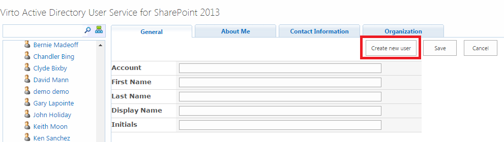 Create new user button on the Virto AD User Service web part page
