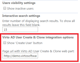 Edit web part panel with the Show Create User button option and page URL field