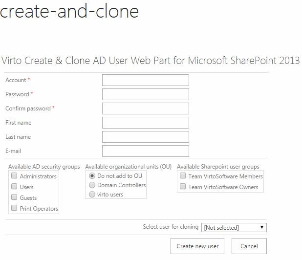 Virto Create & Clone AD User page opened after clicking Create a new user