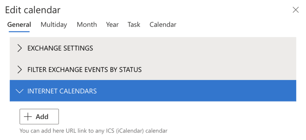 Internet calendars block in Virto Calendar App settings where an iCalendar feed link starting with https is added