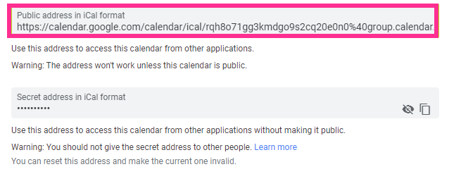 Integrate calendar section in Google Calendar settings showing the iCal format public address to copy