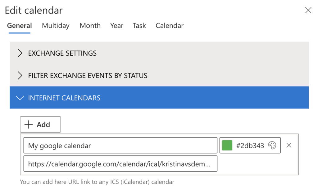 Pasting the copied Google Calendar iCal link into the Internet Calendars block of Virto Calendar settings