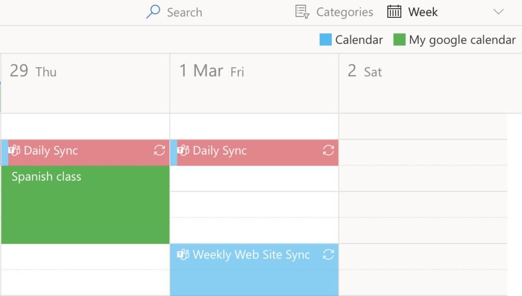 Events from the linked Google calendar now displayed inside the Virto Calendar App view