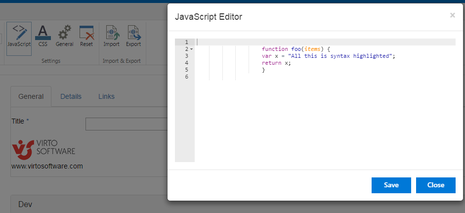 JavaScript editor for typing and running custom JavaScript code in a Virto SharePoint Form