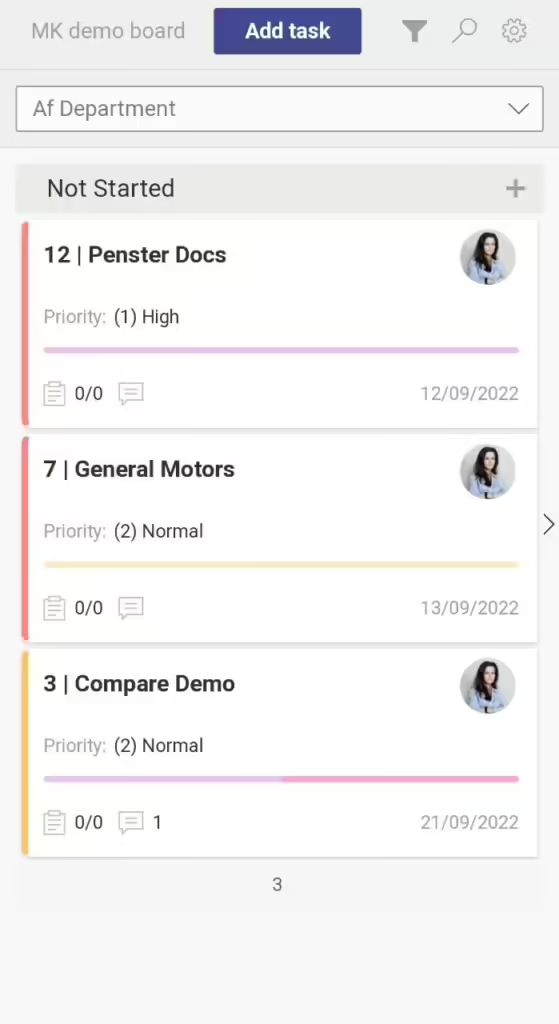 Virto Kanban Board adjusted to a mobile phone screen showing task columns