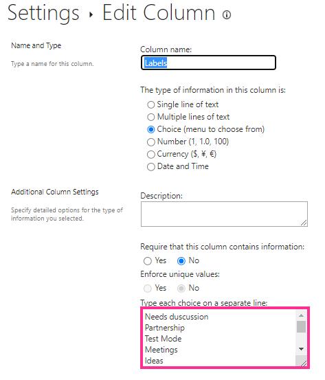 SharePoint List settings showing the multi-choice column that supplies label values