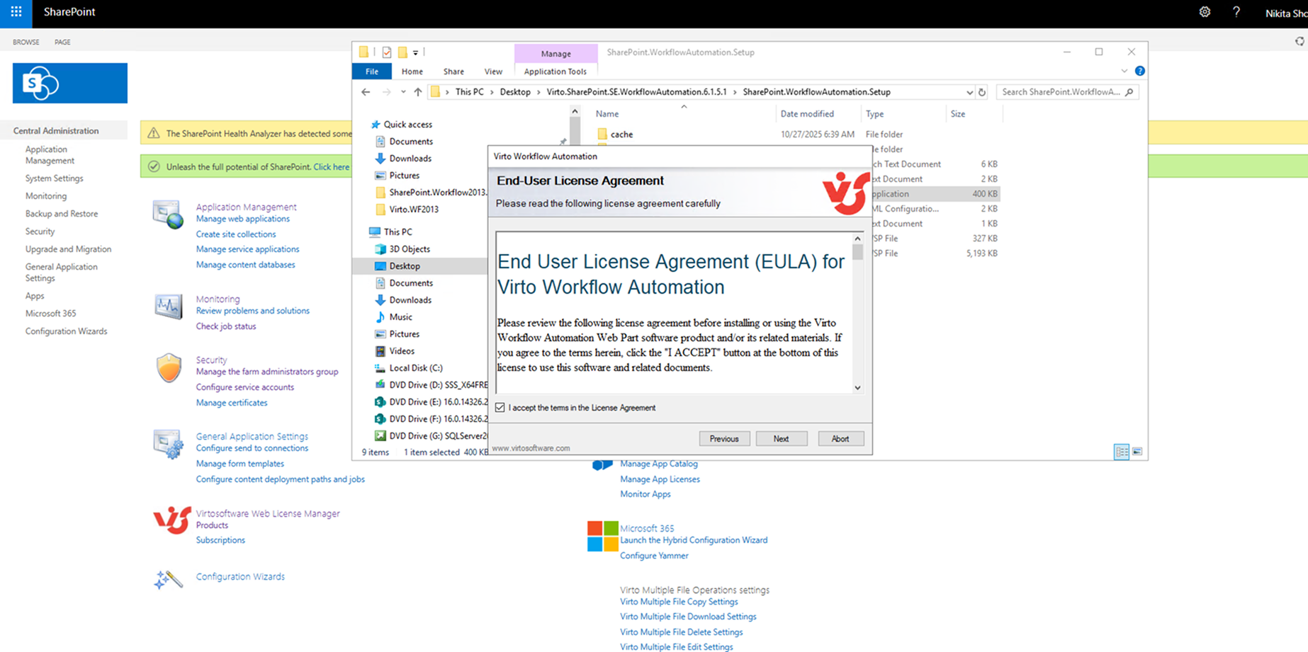 License agreement step of the Virto Workflow Automation setup wizard with the accept terms option selected