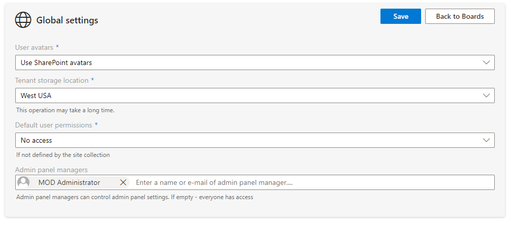 Global settings block defining available actions in the Virto Kanban admin panel