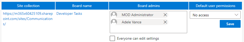 Save button appearing next to a changed Board admins field in Virto Kanban permissions