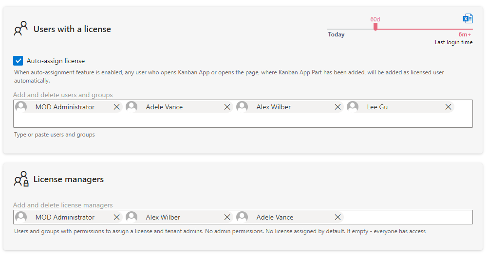 Users with a license list and Auto-assign license option in the Virto Kanban License center