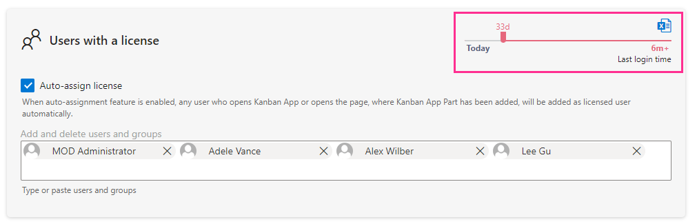Last login time slider highlighting inactive users in the Virto Kanban License center