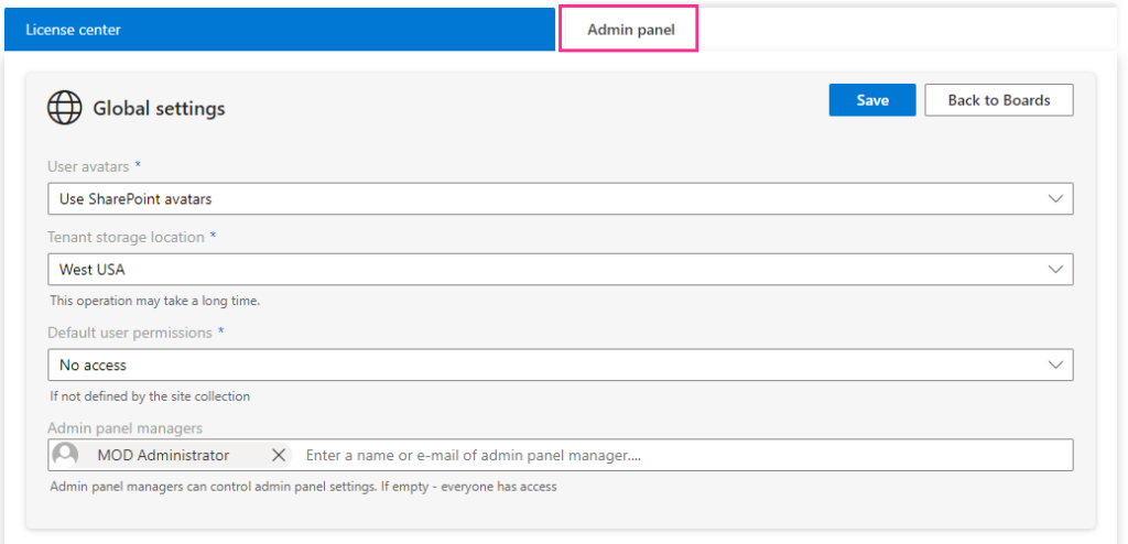 Admin panel tab opened from the gear icon in the Virto Kanban Board App
