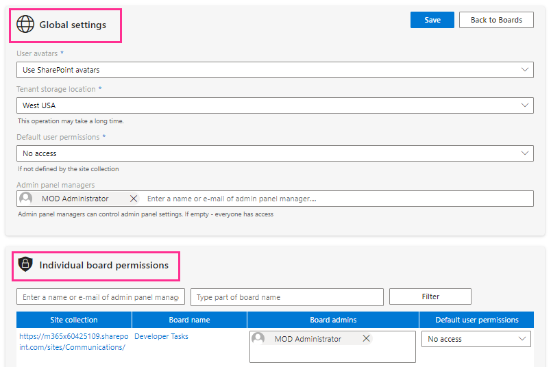 Global settings and Individual board permissions blocks in the Virto Kanban admin panel