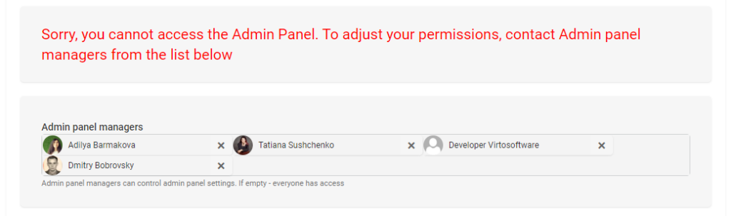Notification shown when a user cannot access the Virto Kanban admin panel settings