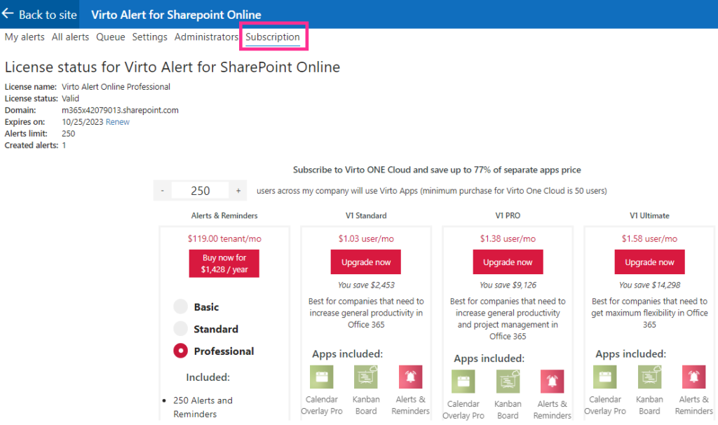 Current license status shown in the Subscription tab of the Virto Alerts app