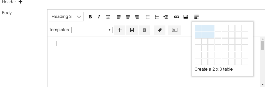 Creating a table in a Virto alert and setting its number of columns and rows