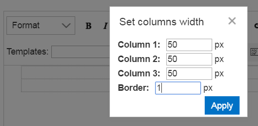 Defining table column width and border thickness in pixels for a Virto alert