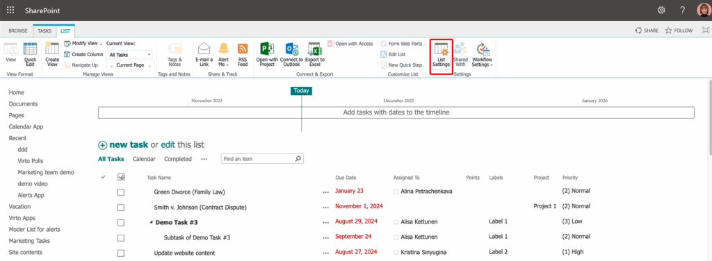 Settings gear menu in the SharePoint list with the List settings option selected