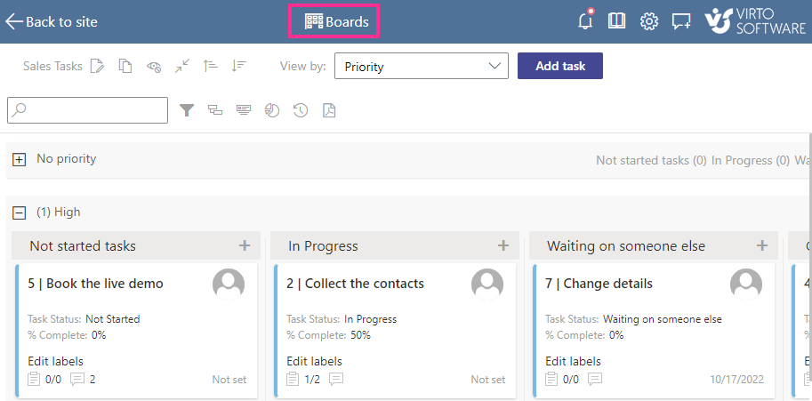 Boards button at the top of the Virto Kanban Board opening all boards on the SharePoint site